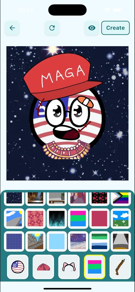 Country Ball Avatar Maker - A user interface showing a customized USA countryball with a red hat and accessories in the Country Ball Avatar Maker app.