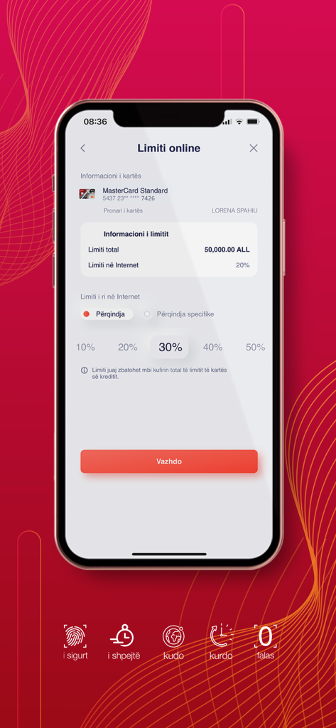 Pantalla de la aplicación móvil BKT Smart para gestionar los límites de gasto online de una tarjeta de crédito