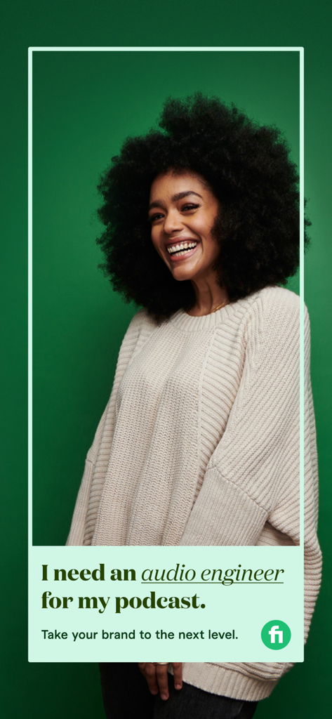 Fiverr advertisement for finding a podcast audio engineer featuring a smiling woman
