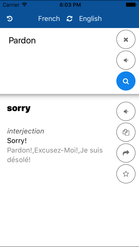 French to English translation of the word pardon showing the result sorry in the app interface.
