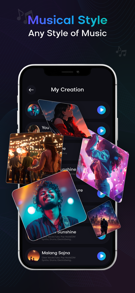 Interface do aplicativo Ai Sound mostrando uma coleção de músicas geradas com diversos estilos musicais e arte de álbum.