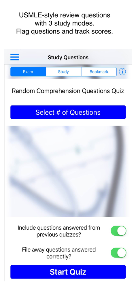 Case Files Surgery app quiz setup screen showing USMLE style study modes