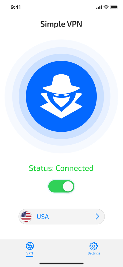 Secure VPN & Fast Proxy Master - 미국 서버에 연결된 상태와 간단한 토글 스위치 및 시크릿 아이콘을 보여주는 안전한 VPN 앱 인터페이스