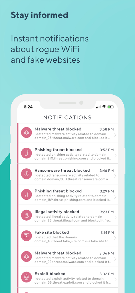 Barracuda CloudGen Access - Barracuda CloudGen Accessアプリのスクリーンショット、フィッシング、マルウェア、ランサムウェアなどのブロックされたセキュリティ脅威のリストを表示