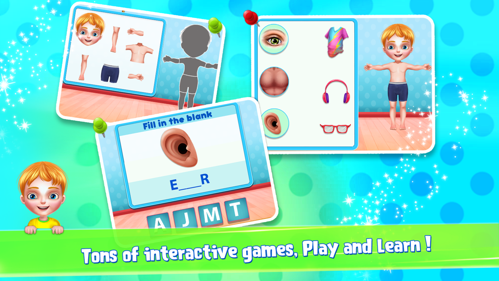 Body Parts - Fun Learning Game - Telas de jogabilidade educativa para crianças aprenderem as partes do corpo através de quebra-cabeças interativos e jogos de ortografia
