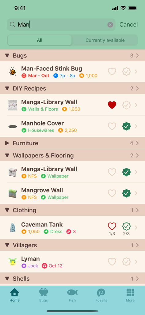 Tela de resultados de pesquisa no aplicativo Guia de Viagem ACNH mostrando categorias como insetos, receitas de artesanato e roupas.