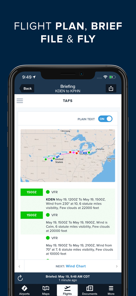 ForeFlight Mobile EFB - ForeFlight flight briefing interface with map route and TAF weather details