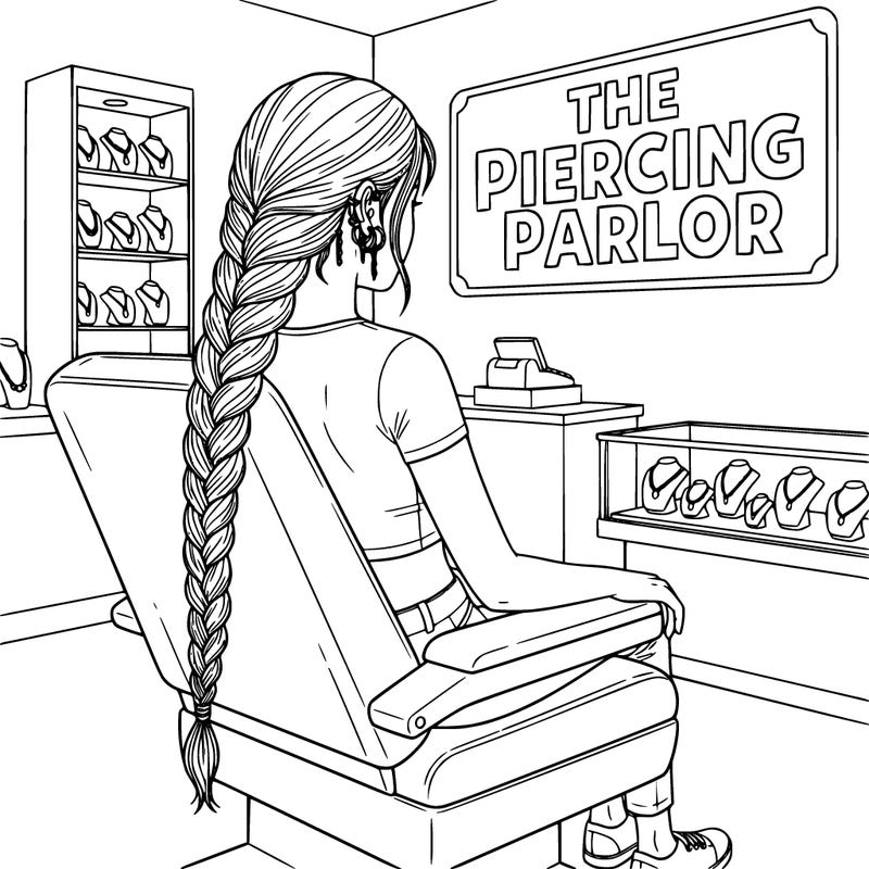 teen girl sitting in chair, with lot of earrings, at a piercing store, wearing a crop top with belly button piercing, and long long hair in a braid