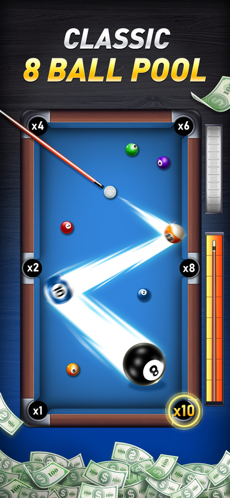 Pool Cash - 8 Ball Game - Classic 8-ball pool gameplay on a blue table with score multipliers and cash prizes