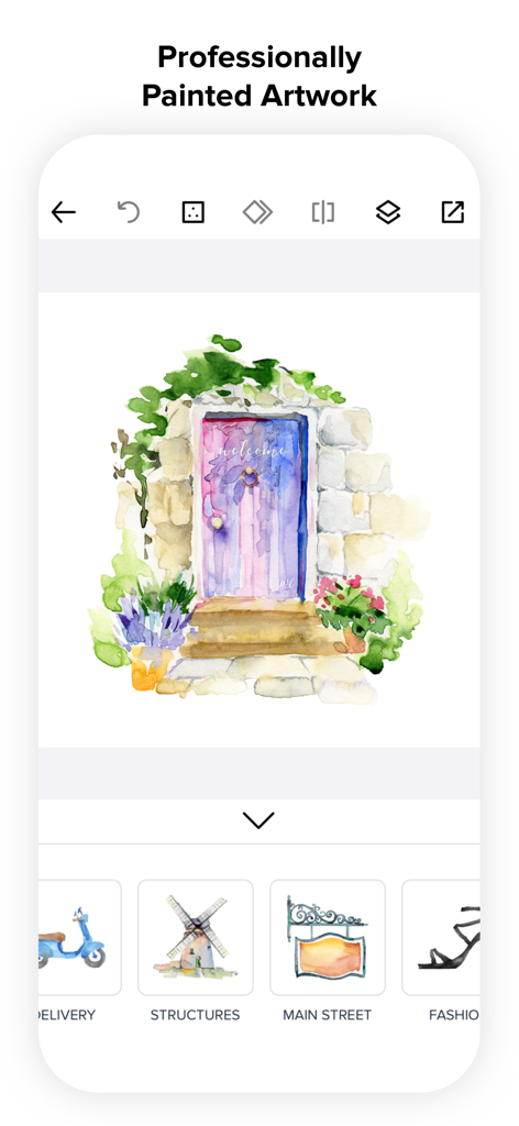 Mobile app interface displaying a watercolor painting of a purple door and various art categories.