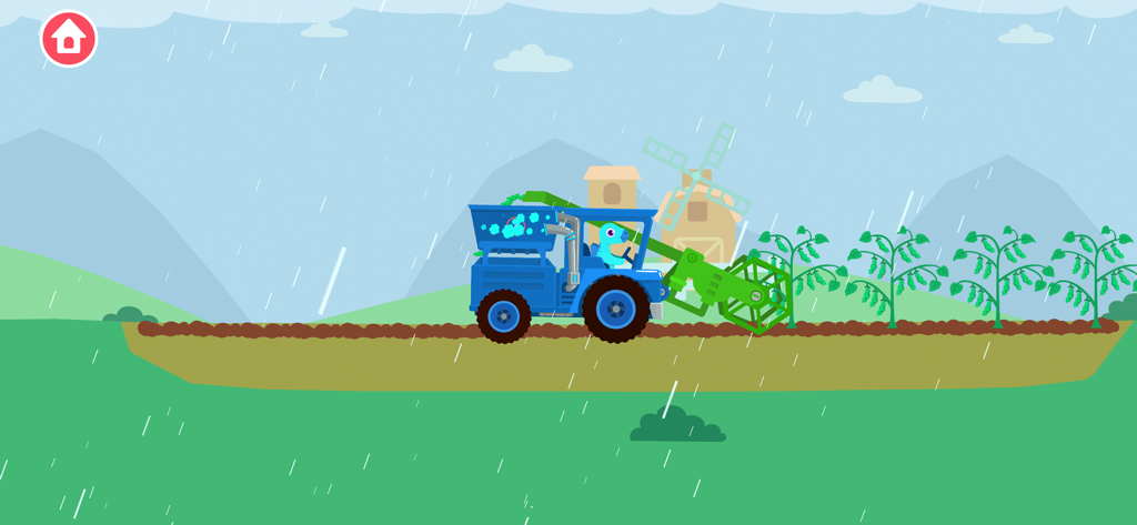Eine blaue Dinosaurierfigur fährt einen blauen Traktor und erntet grünes Getreide auf einem regnerischen Bauernhof.