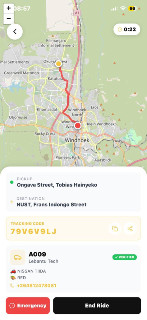 Tsotsi Taxi live ride interface showing map route verified vehicle details and unique tracking code