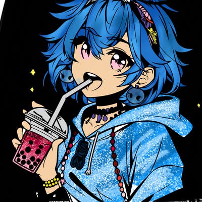 hot baddie anime girl drinking boba and biting the straw