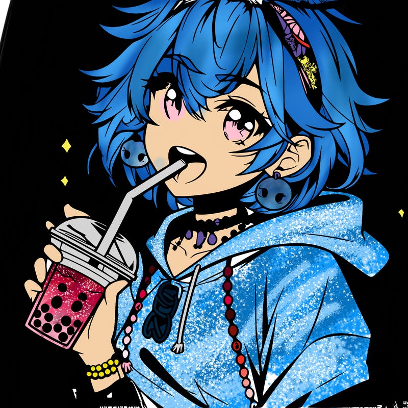 hot baddie anime girl drinking boba and biting the straw
