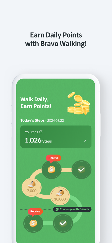 Bravo Korea 앱 화면. 일일 걸음 수로 보상 포인트를 적립하는 Bravo Walking 기능이 표시됩니다.