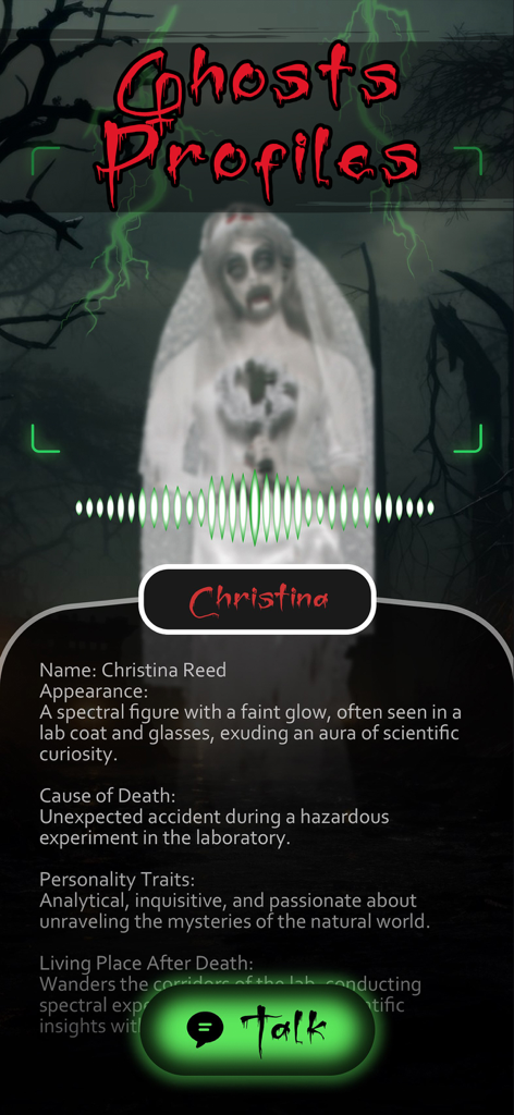 Ein Bildschirm, der ein Profil eines Geistes namens Christina in der AR Spirits Box App zeigt.