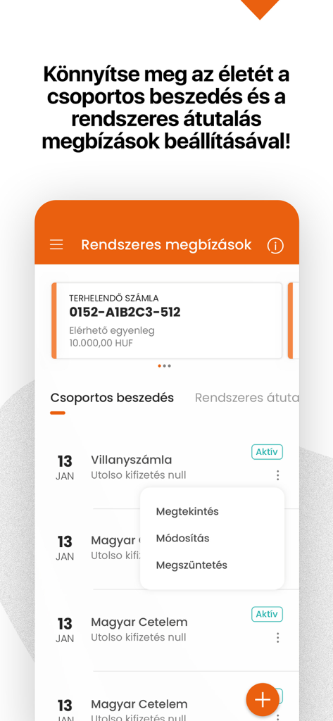 CIB Bank mobile app screen for managing recurring payments and direct debits.