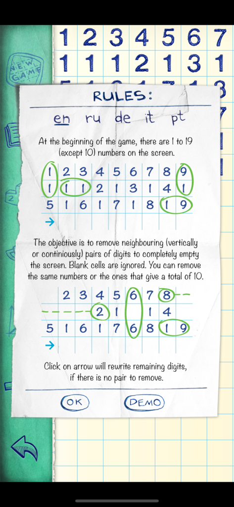 Numberama 2 - Numberama 2 rules page explaining number matching logic on a paper background