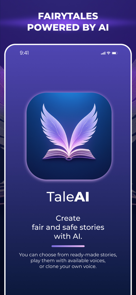TaleAI: Bedtime Stories - TaleAI app intro screen featuring AI powered bedtime stories and voice cloning options