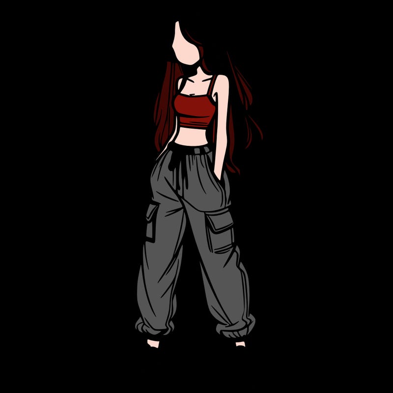 girl in baggy pants crop top and long hair