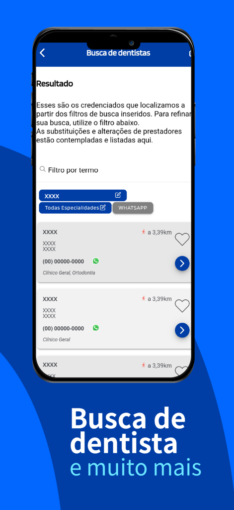 Una captura de pantalla de la aplicación Odontoprev que muestra una lista de dentistas con filtros de búsqueda y ubicaciones de proveedores.