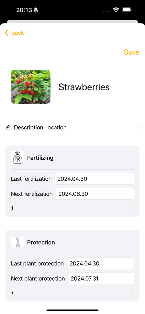 My garden journal - Strawberry plant care interface in My Garden Journal app showing fertilization and protection schedules