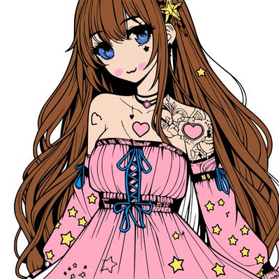 realistic anime girl with long hair star heart tattoos with a fabric dress