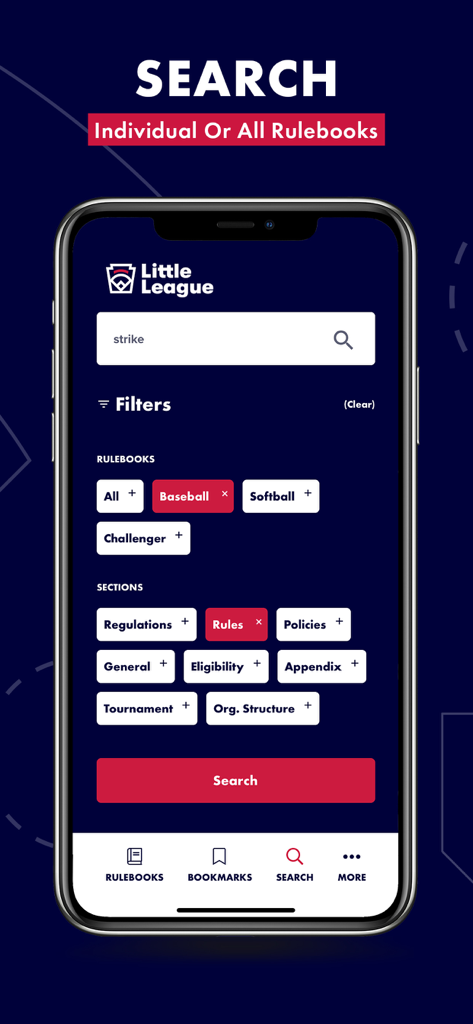 Little League Rulebook - Search interface of the Little League Rulebook app with filters for baseball and softball rules