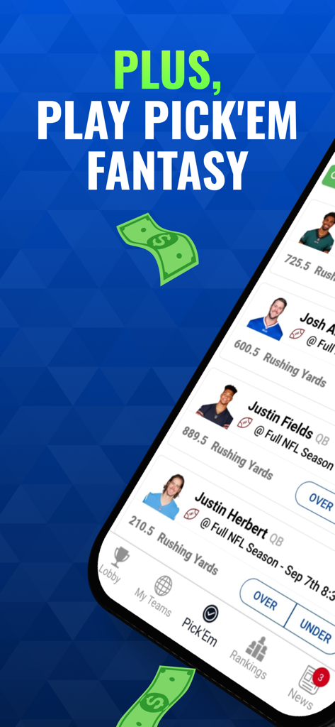 Oberfläche der Drafters Fantasy Sports App, die Pick Em Spieler-Prop-Optionen für NFL-Rushing-Yards anzeigt