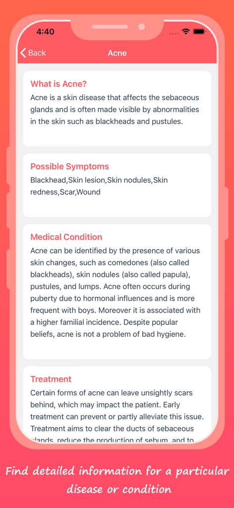 Pill Identification - Pro - A mobile app screen showing detailed medical information about acne including symptoms and treatments.