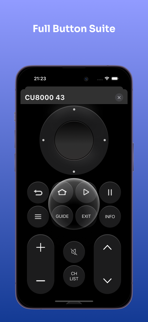 Easy Remote: Remote Control TV - Interfaz de control remoto de TV digital con un conjunto completo de botones de navegación y volumen en la pantalla de un iPhone.