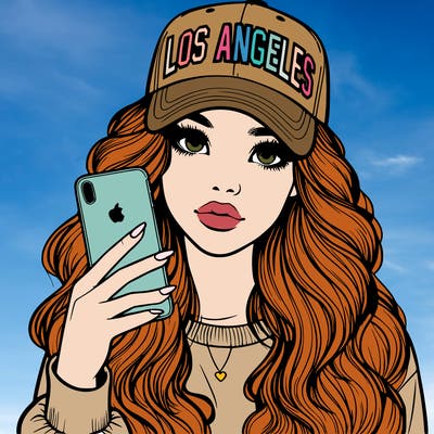 realistic beautiful girl wearing los ángeles cap holding an iphone