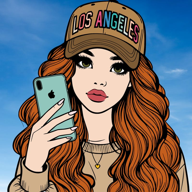 realistic beautiful girl wearing los ángeles cap holding an iphone