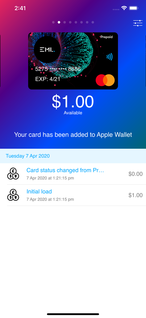 Get My eCard - Get My eCard app interface showing a virtual prepaid card with a one dollar balance and a confirmation message that the card was added to Apple Wallet