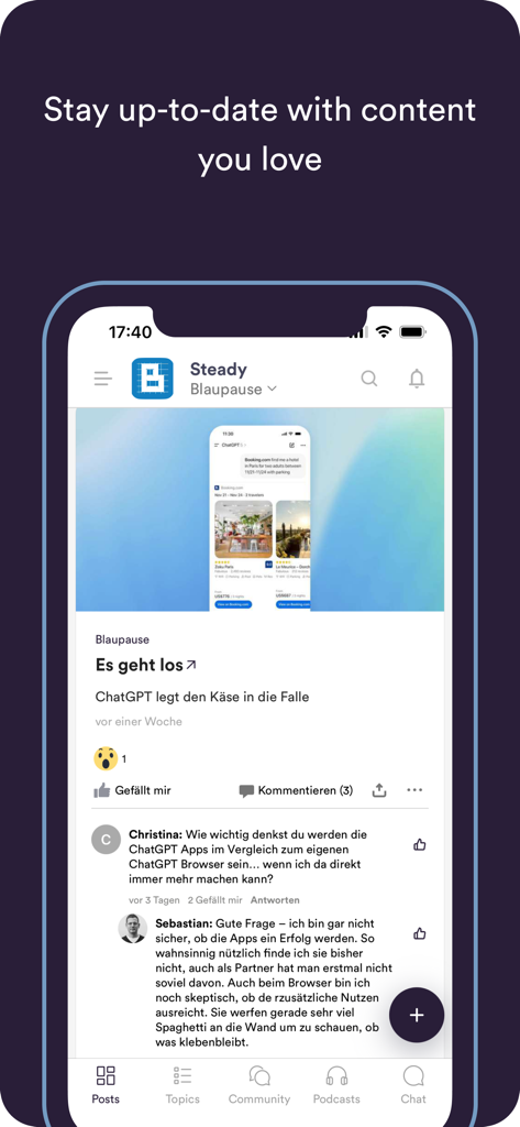 Steady App - Steady App mobile interface showing a creator post and community comments feed.