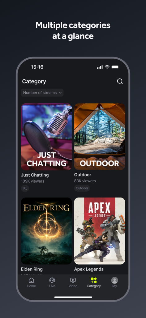 The category selection screen in the SOOP global streaming app showing diverse content options.