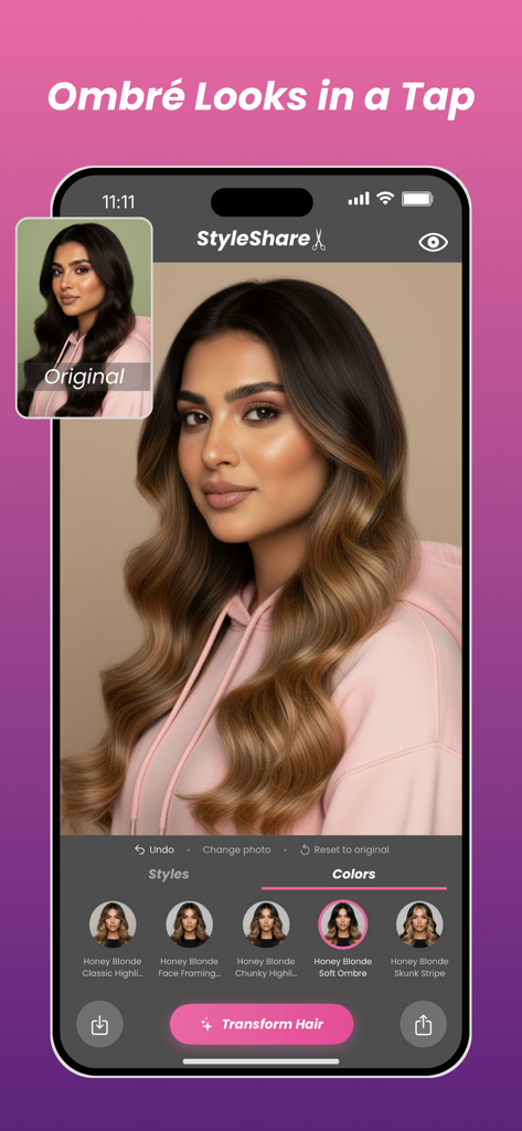 StyleShare: Hair Color Changer - Interfaz de la aplicación StyleShare mostrando un cambio de color de cabello con IA a un estilo ombré suave rubio miel.