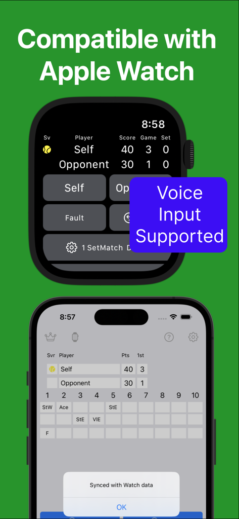 音声入力サポート付きのApple WatchとiPhoneでのテニススコア追跡