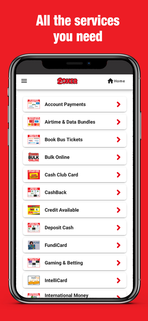 Boxer - A mobile phone screen showing various services offered by the Boxer app such as account payments and airtime top ups