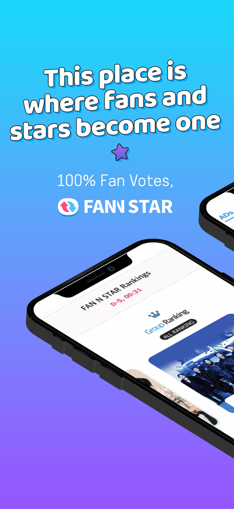 FAN N STARアプリのインターフェース。K-POPグループのランキングとファンの投票情報が表示されています。