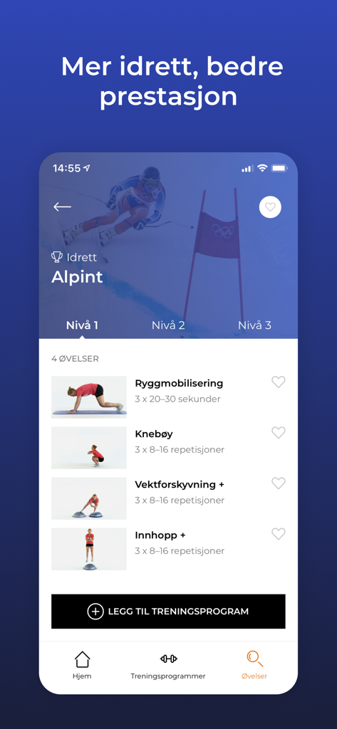 Skadefri - Skadefri app interface displaying injury prevention exercises for alpine skiing