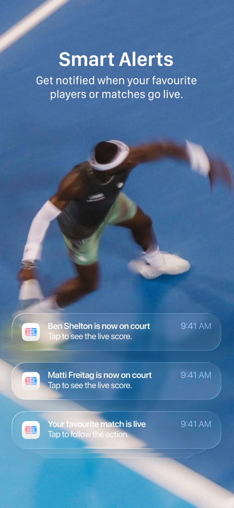 Court One: Tennis Scores - Court One app showing smart notifications for live tennis matches and players on a mobile lock screen.