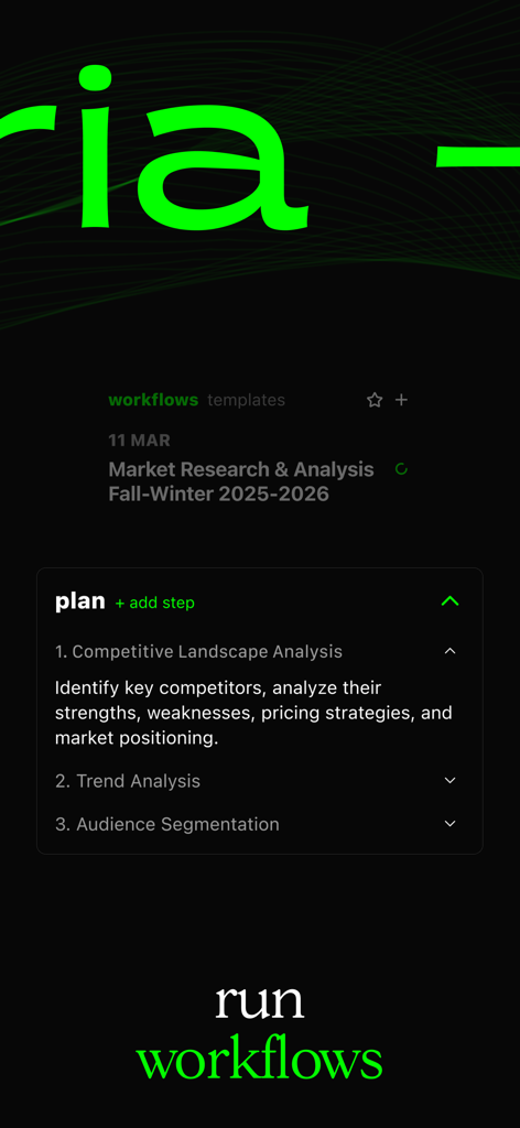 aleria ai - Aleria AI-Oberfläche, die einen Workflow-Plan für Marktforschung und -analyse mit Schritten zur Analyse der Wettbewerbslandschaft anzeigt.