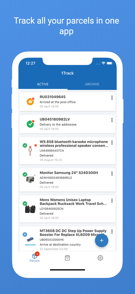 1Track Global Package Tracker - Dashboard of the 1Track app showing a list of tracked parcels with real-time delivery status updates and tracking numbers.