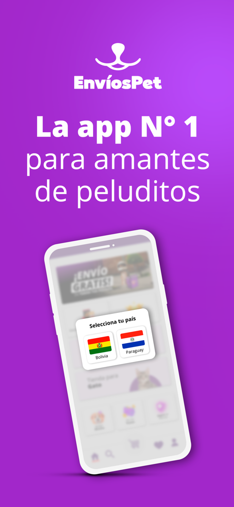 Envios Pet – Petshop Delivery - Envios Pet mobile app interface showing country selection for Bolivia and Paraguay on a purple background