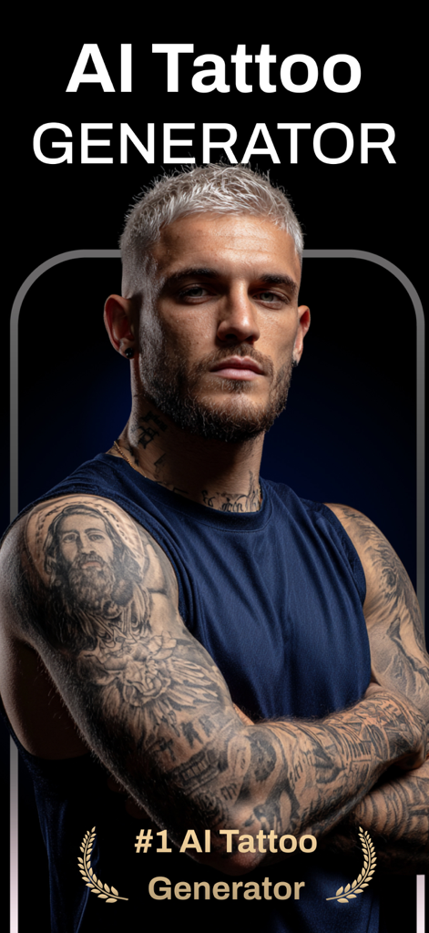 AI Tattoo Generator · Ink AI - A man showcasing realistic sleeve tattoos created with the AI Tattoo Generator app