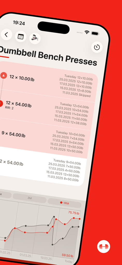 GymBook app screen displaying dumbbell bench press exercise logs and performance charts