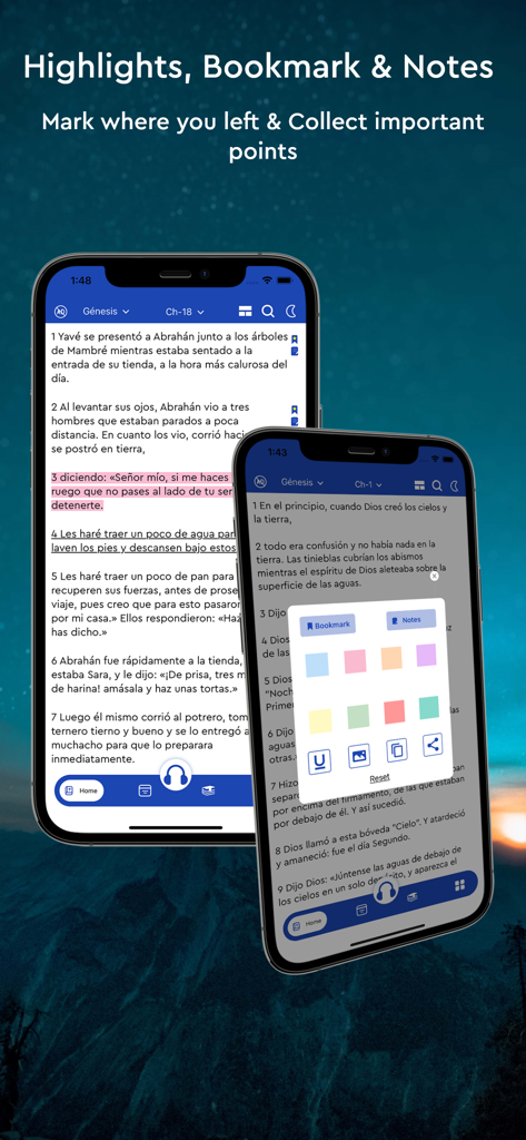 Reina Valera - The Holy Bible - Interface of Reina Valera Bible app showing highlight bookmark and note features on mobile screens