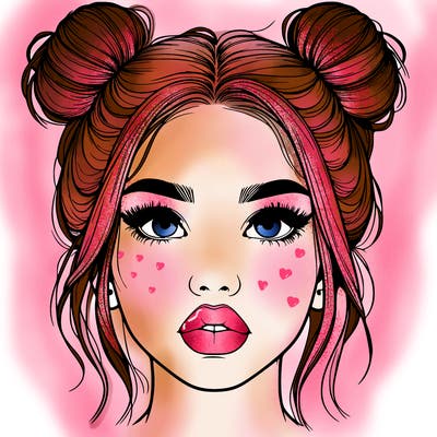realistic girl with two buns on her hair and lips