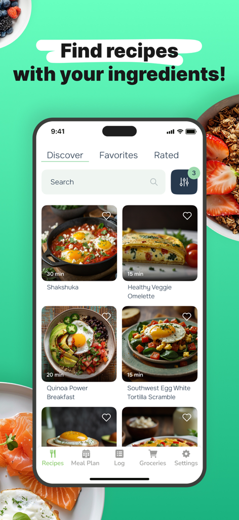 Eatr: Tasty Cooking Recipes - Interface do aplicativo móvel Eatr mostrando uma tela de descoberta com receitas de café da manhã saudáveis e tempos de cozimento